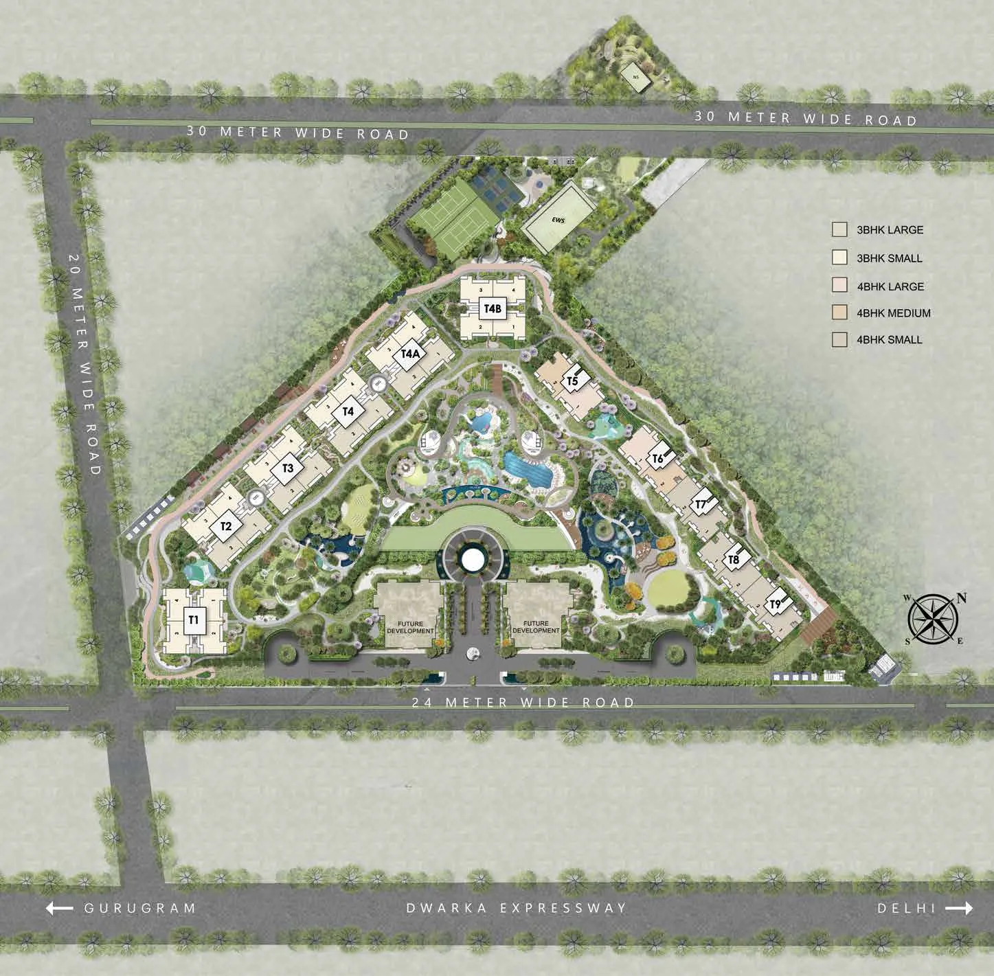 Site masterplan — towers, central landscape and Dwarka Expressway frontage